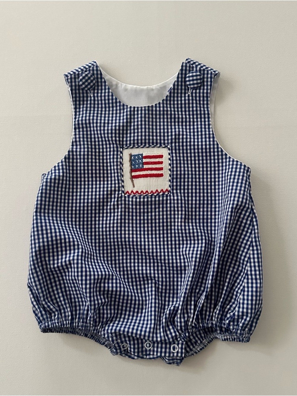 Stitchy Fish 6 Months Baby Boy Blue Plaid Smocked Romper American Flag Patriotic